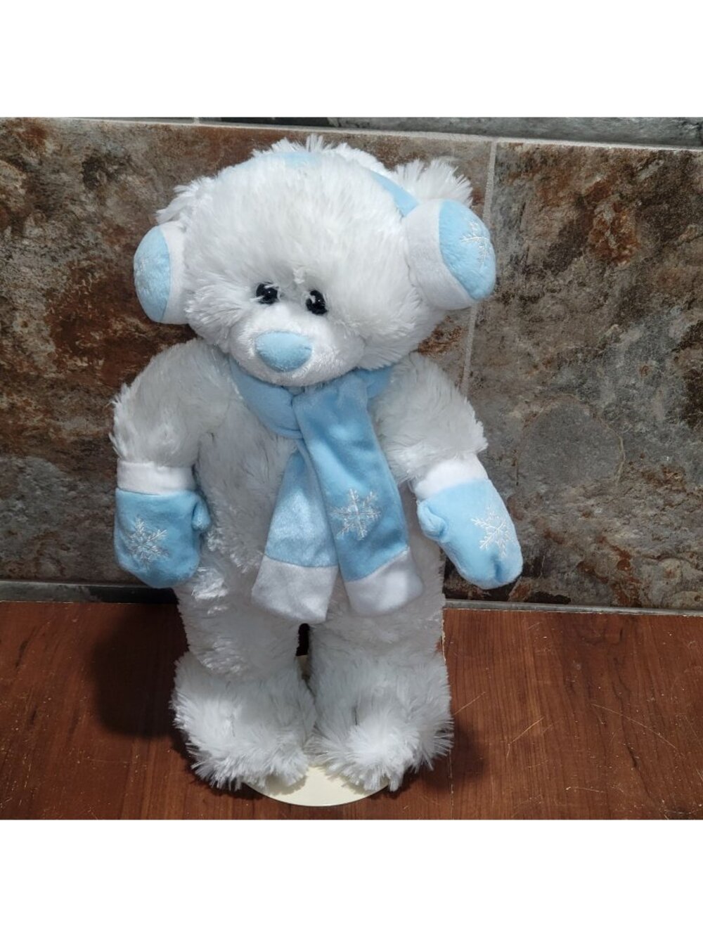 Vintage Kids Preferred Winter Snowflake Teddy Bear Blue Earmuffs Scarf Shaggy Pl